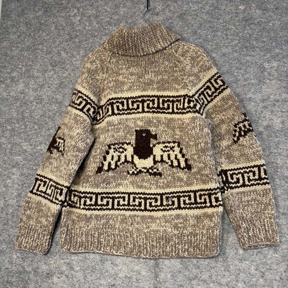 Vintage TUAK Cowichan Eagle Design Hand Knit 100% Wool Zip Cardigan Sweater - Picture 7 of 10